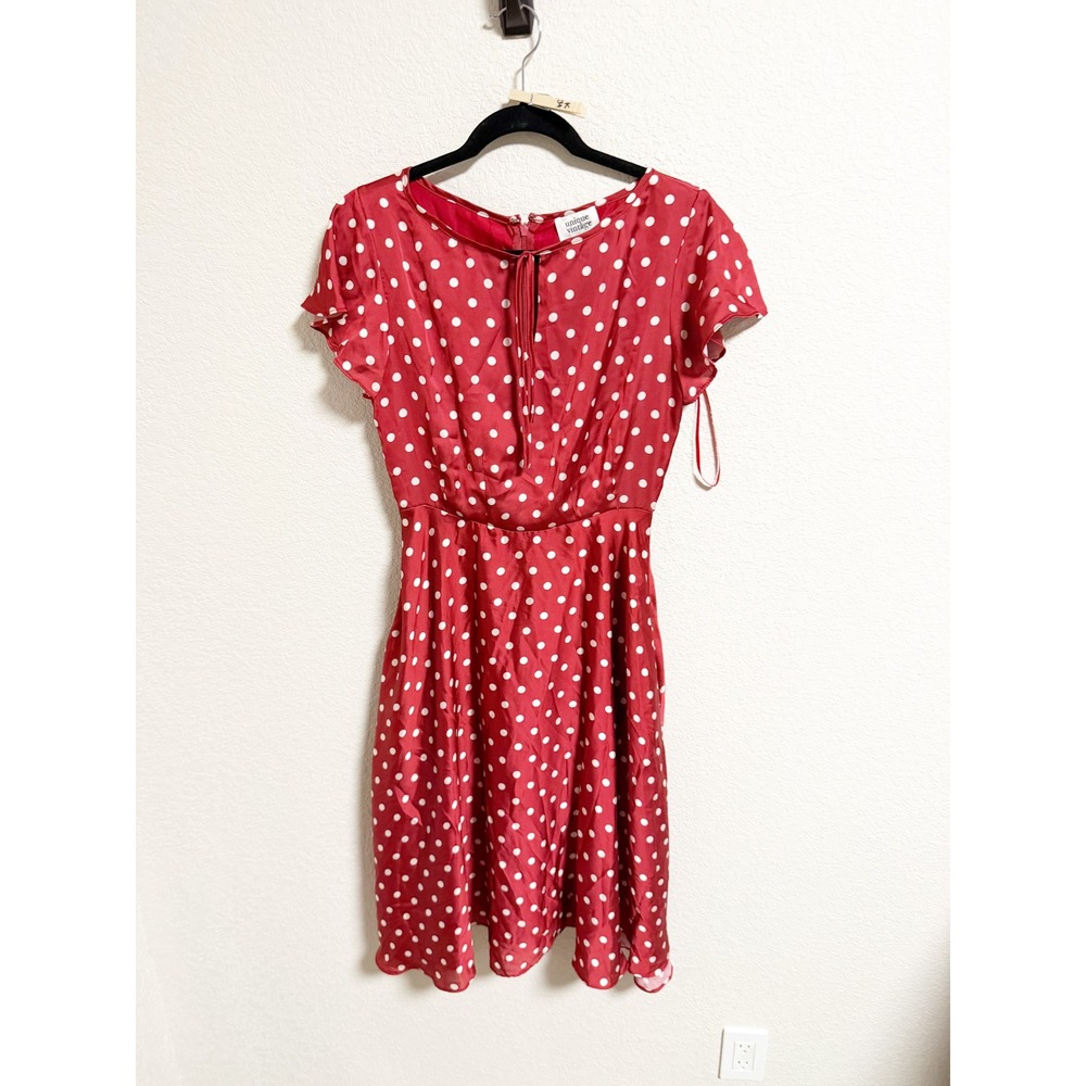 Unique Vintage Red Polka Dot Fit Flare Dress Short Flutter Sleeve K441 Womens S